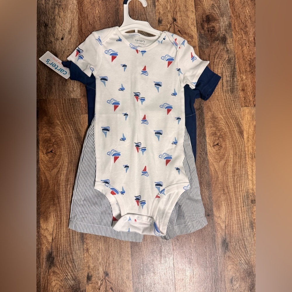 Carter’s Baby 3-Piece Set Bodysuit, Tee & Shorts, Blue,Size 24 Months, NWT - Picture 3 of 7